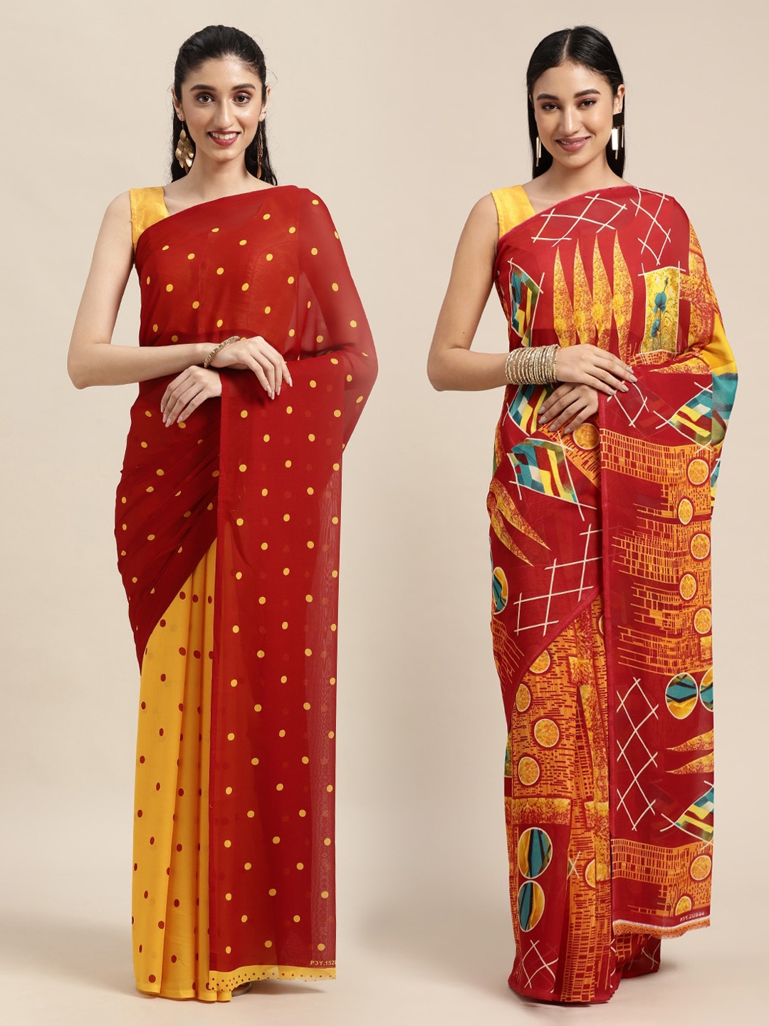 

KALINI Pack of 2 Polka Dots Printed Sarees, Red