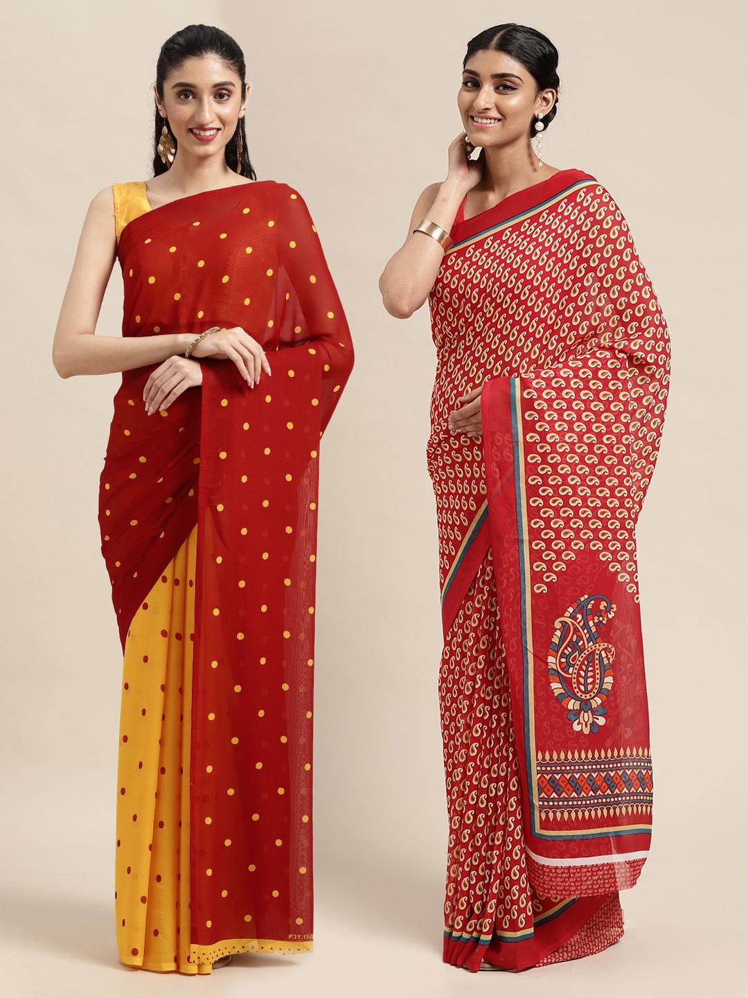 

KALINI Pack of 2 Polka Dots Printed Sarees, Red