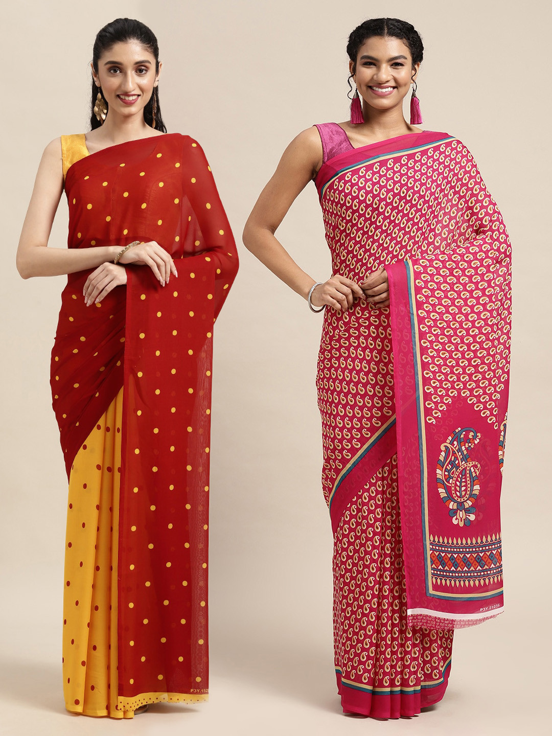 

KALINI Set of 2 Printed Poly Georgette Saree, Red