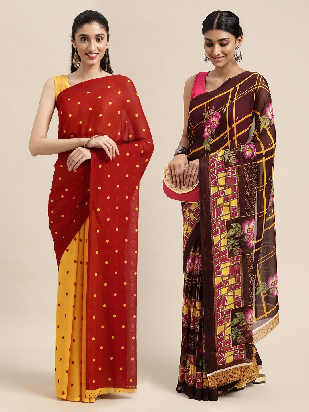 

KALINI Pack Of 2 Printed Poly Georgette Sarees, Red