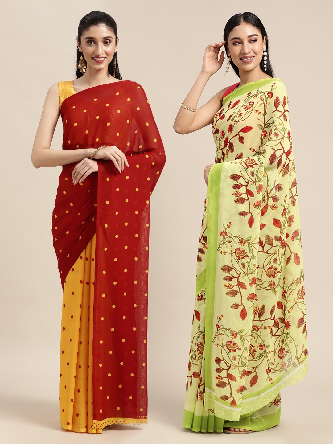 

KALINI Red & Green Set of 2 Poly Georgette Sarees