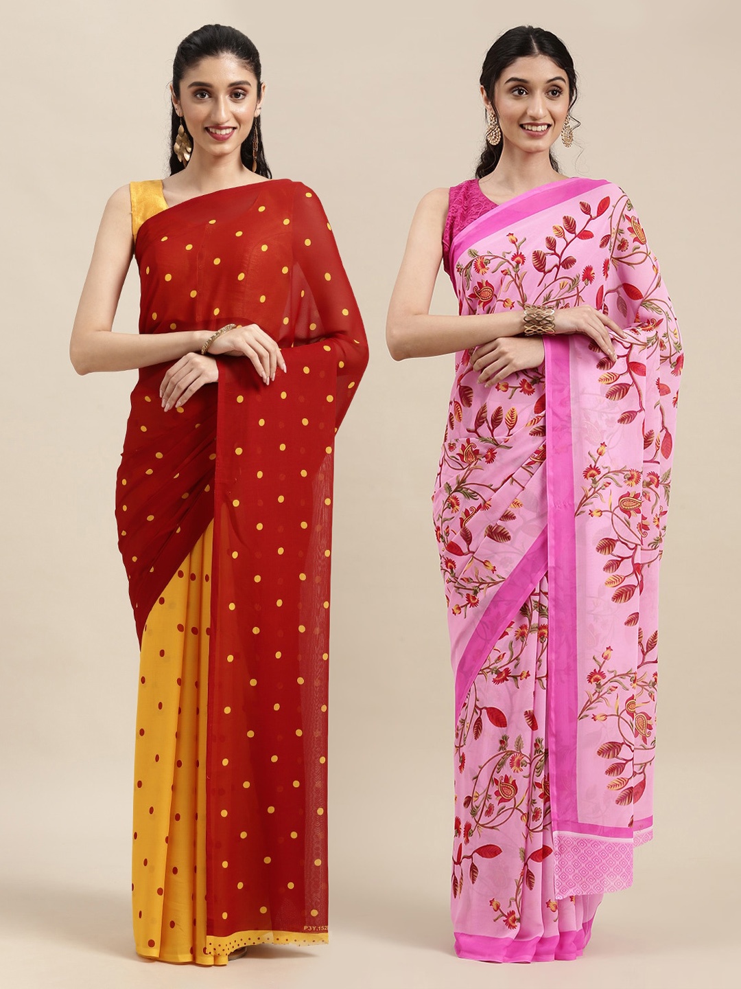 

KALINI Pack of 2 Polka Dots Printed Sarees, Red