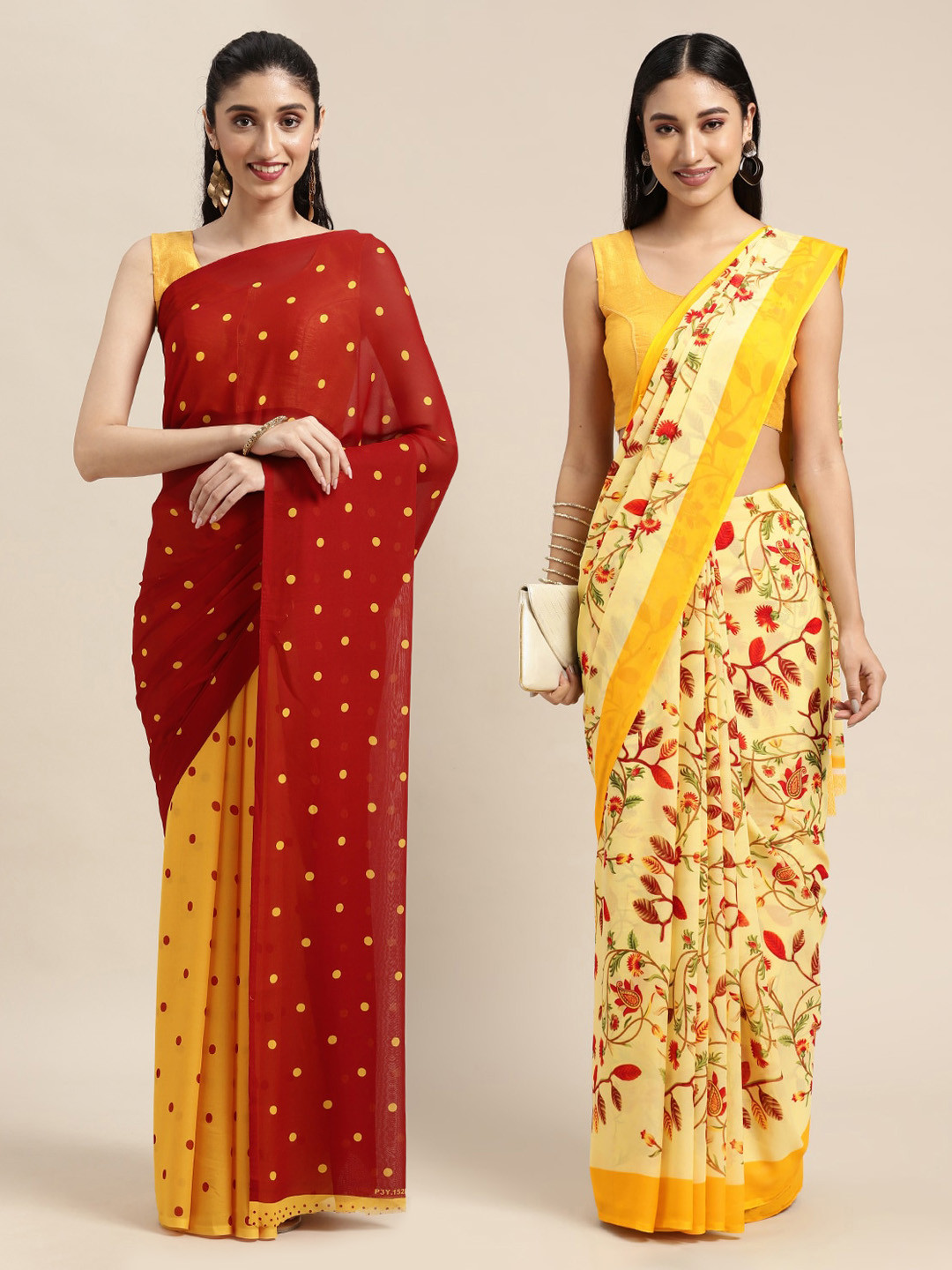 

KALINI Set of 2 Printed Poly Georgette Saree, Red