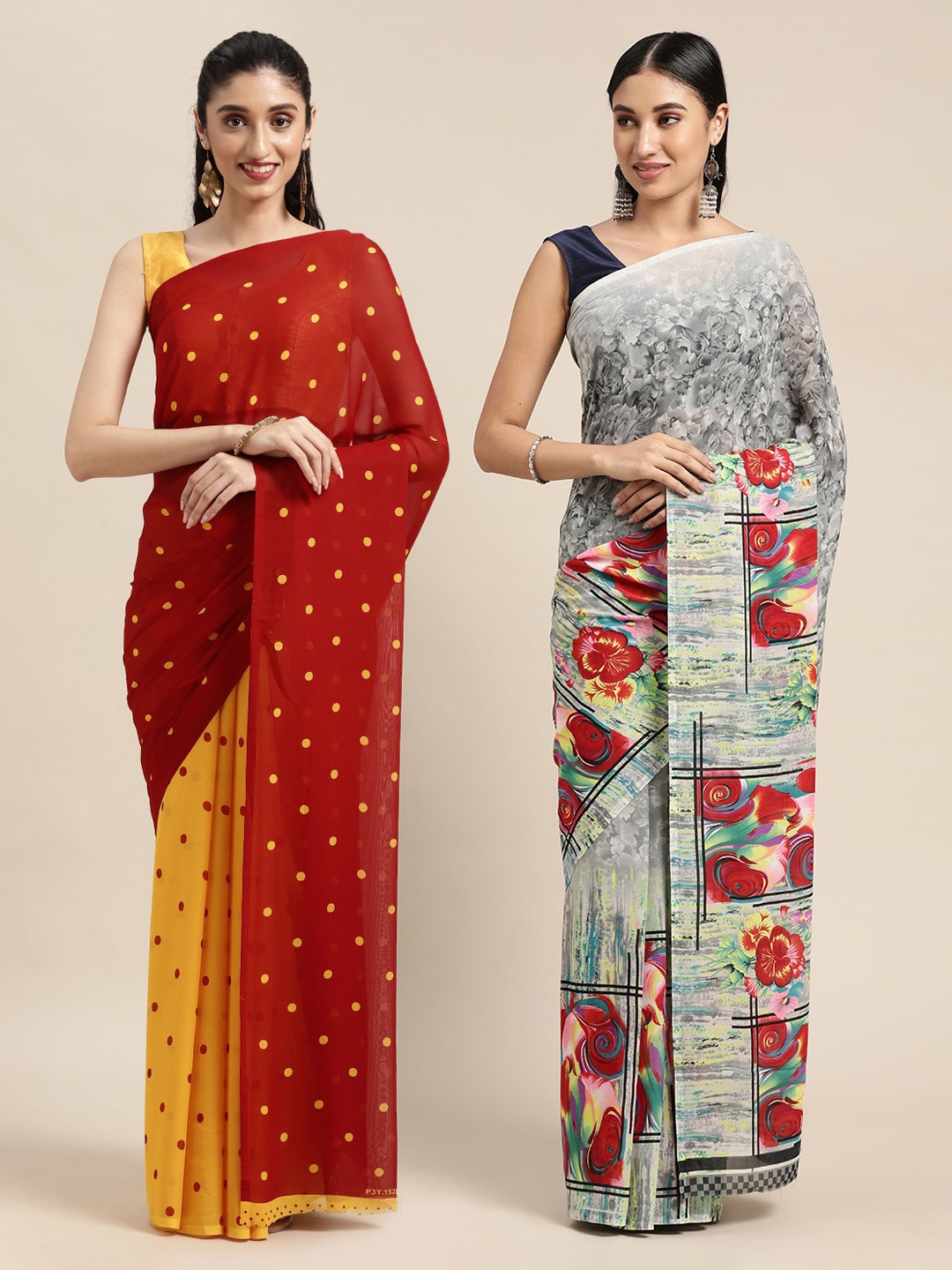 

KALINI Pack Of 2 Printed Poly Georgette Sarees, Red