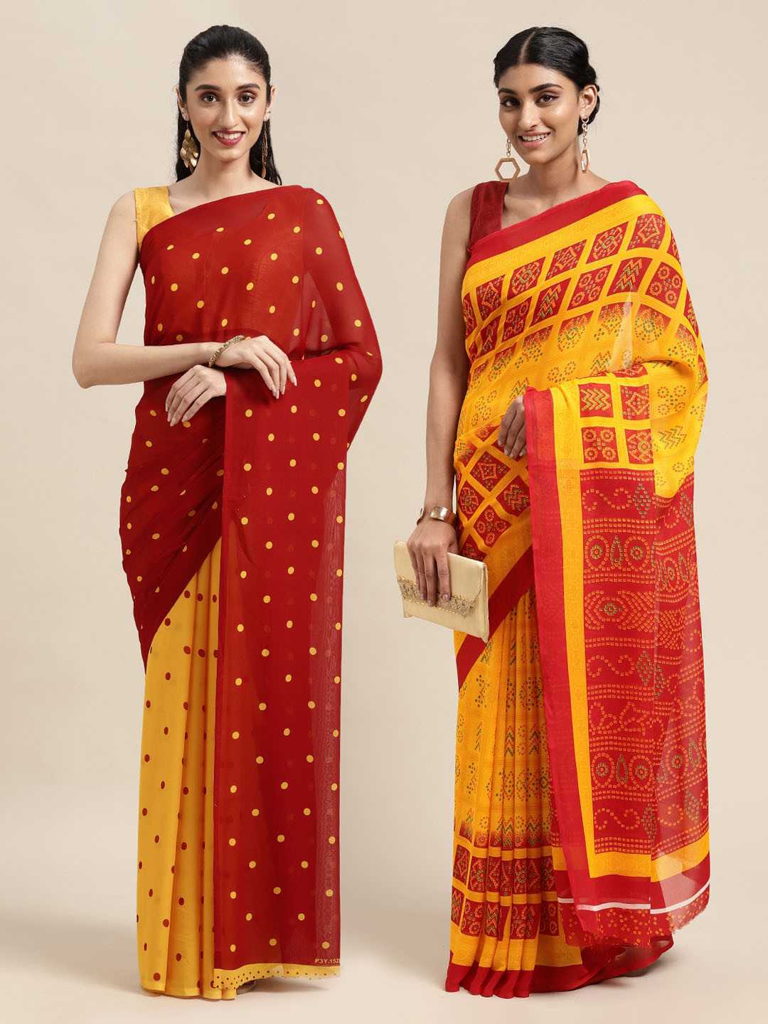 

KALINI Red & Yellow Set of 2 Poly Georgette Sarees