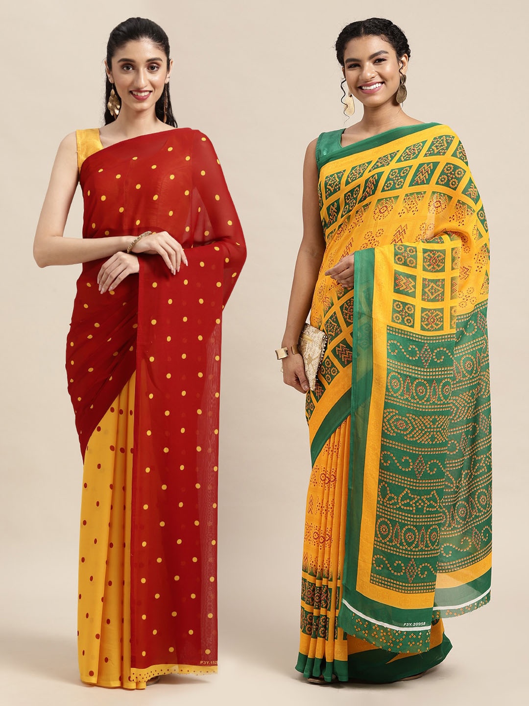 

KALINI Pack of 2 Polka Dots Printed Sarees, Red