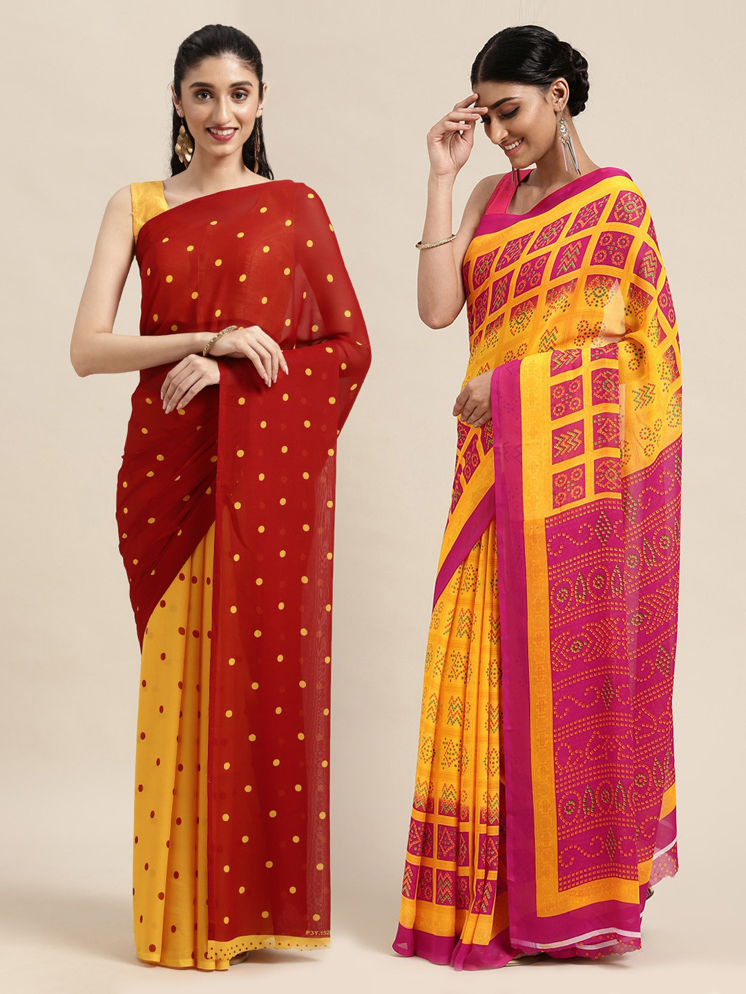 

KALINI Pack of 2 Polka Dots Printed Sarees, Red