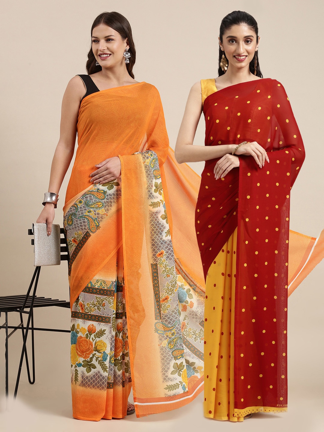 

KALINI Set of 2 Printed Poly Georgette Saree, Red