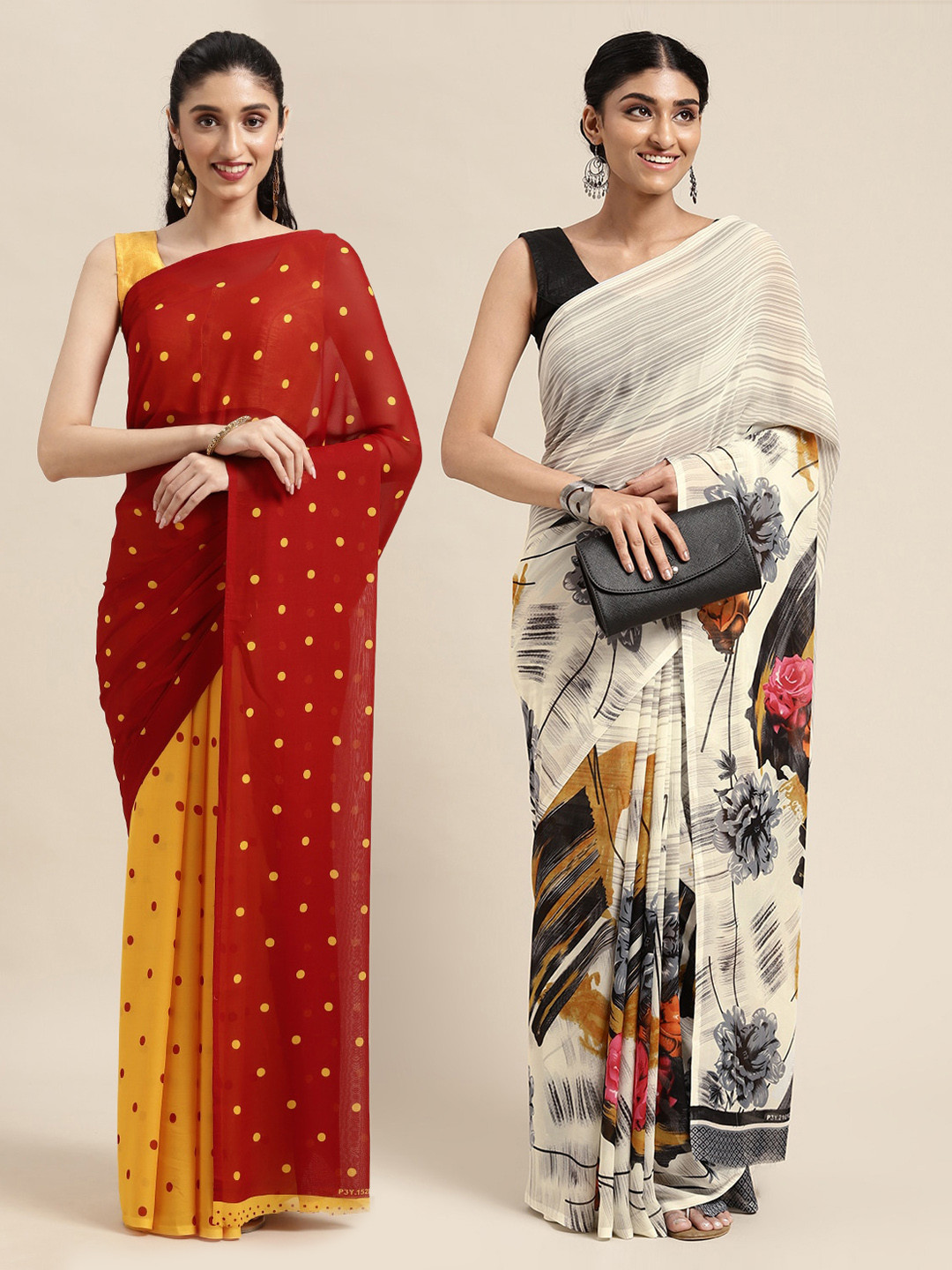 

KALINI Pack Of 2 Printed Poly Georgette Sarees, Red