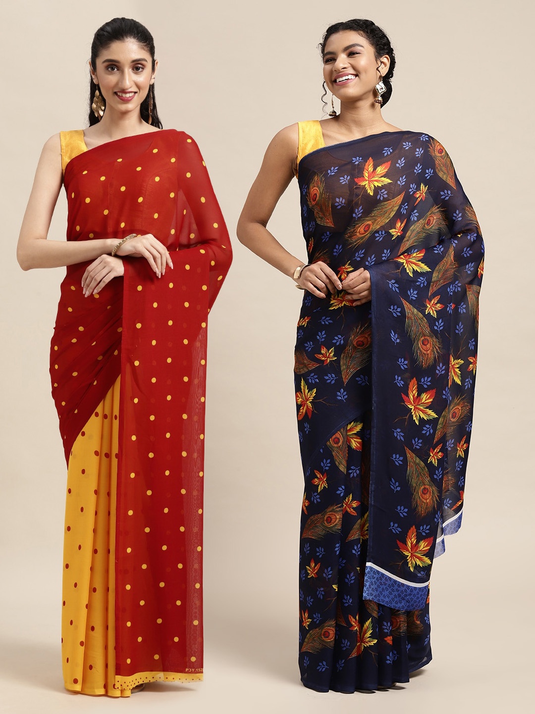 

KALINI Red & Navy Blue Set of 2 Poly Georgette Sarees
