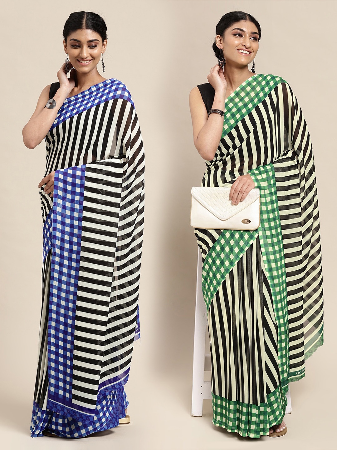 

KALINI Pack of 2 Striped Printed Sarees, Green