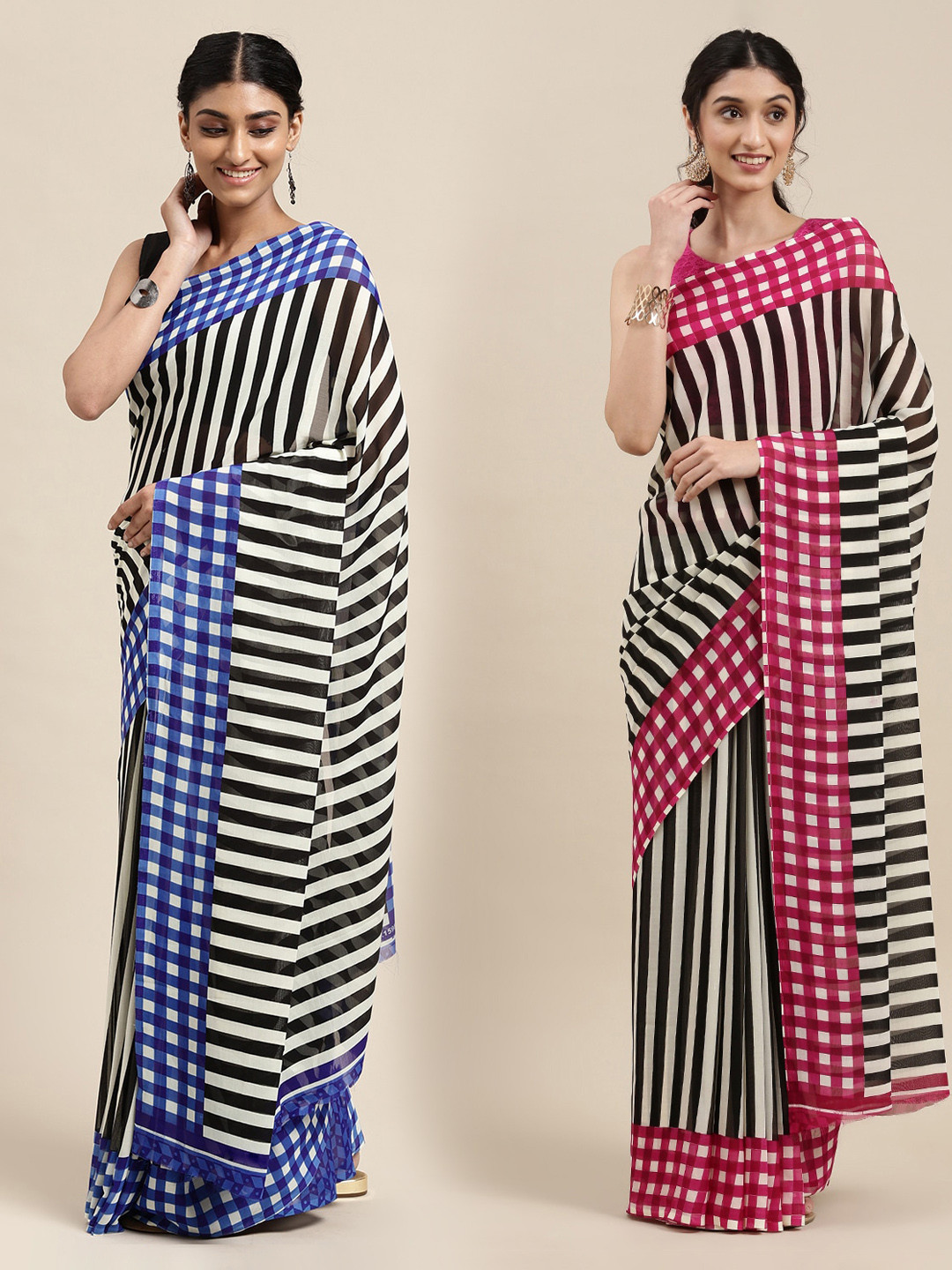 

KALINI Pack of 2 Striped Printed Sarees, Black