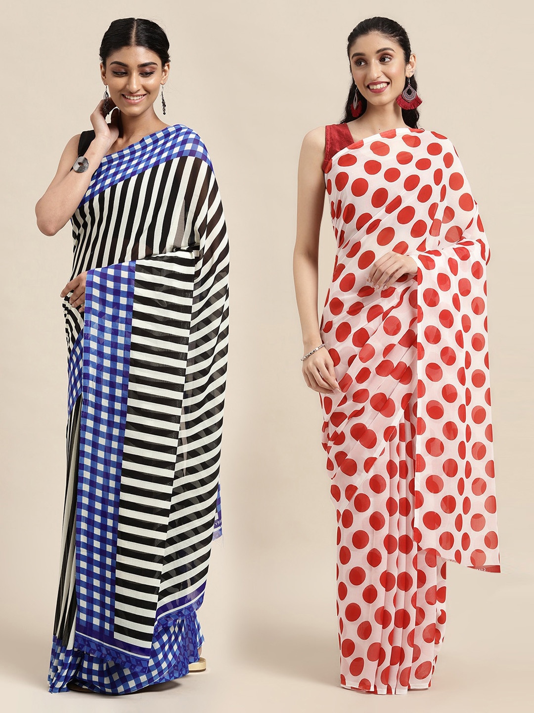 

KALINI Pack of 2 Striped Printed Sarees, White