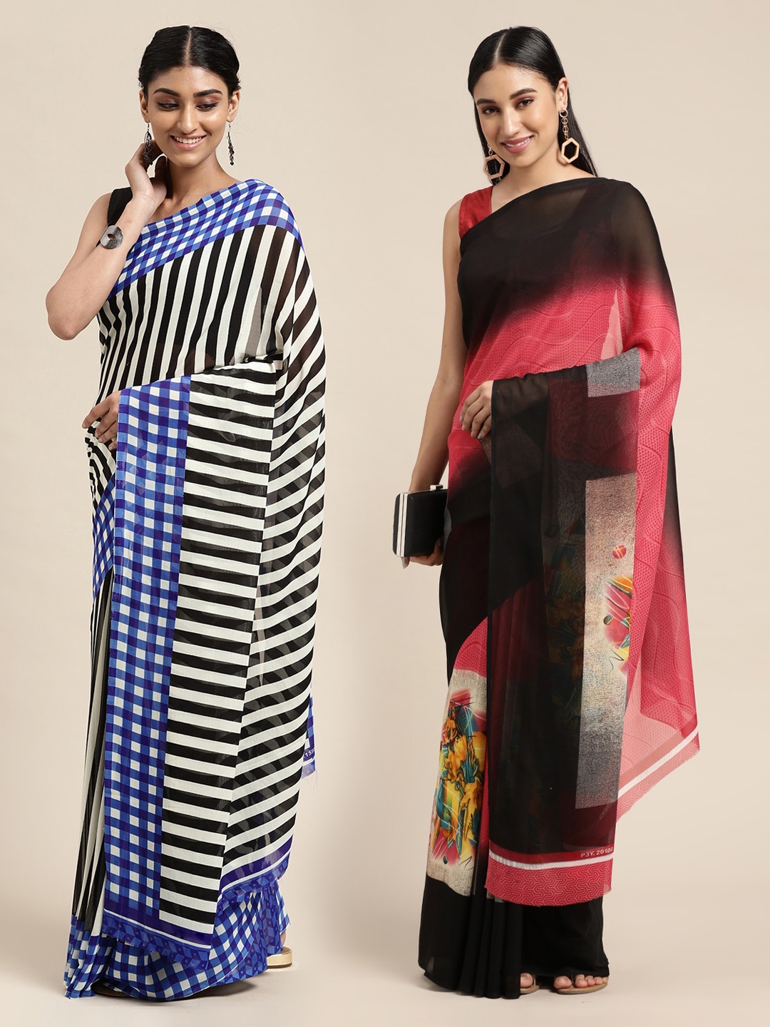 

KALINI Pack of 2 Printed Sarees, Pink