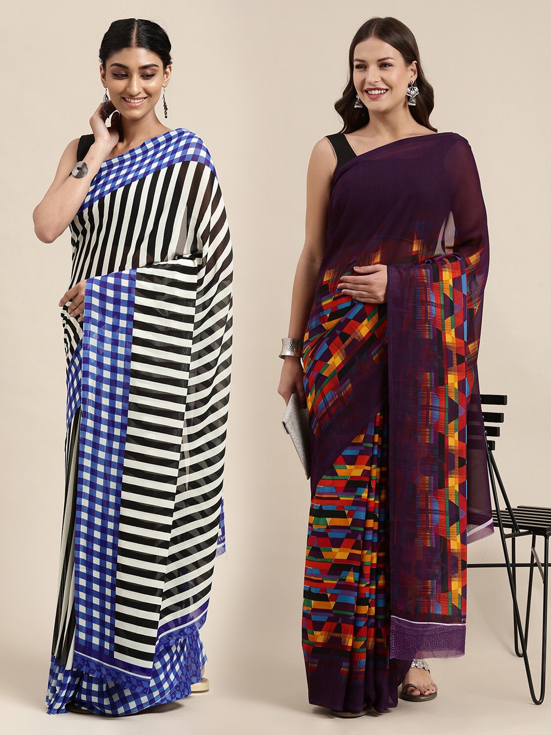 

KALINI Pack Of 2 Printed Poly Georgette Sarees, Purple