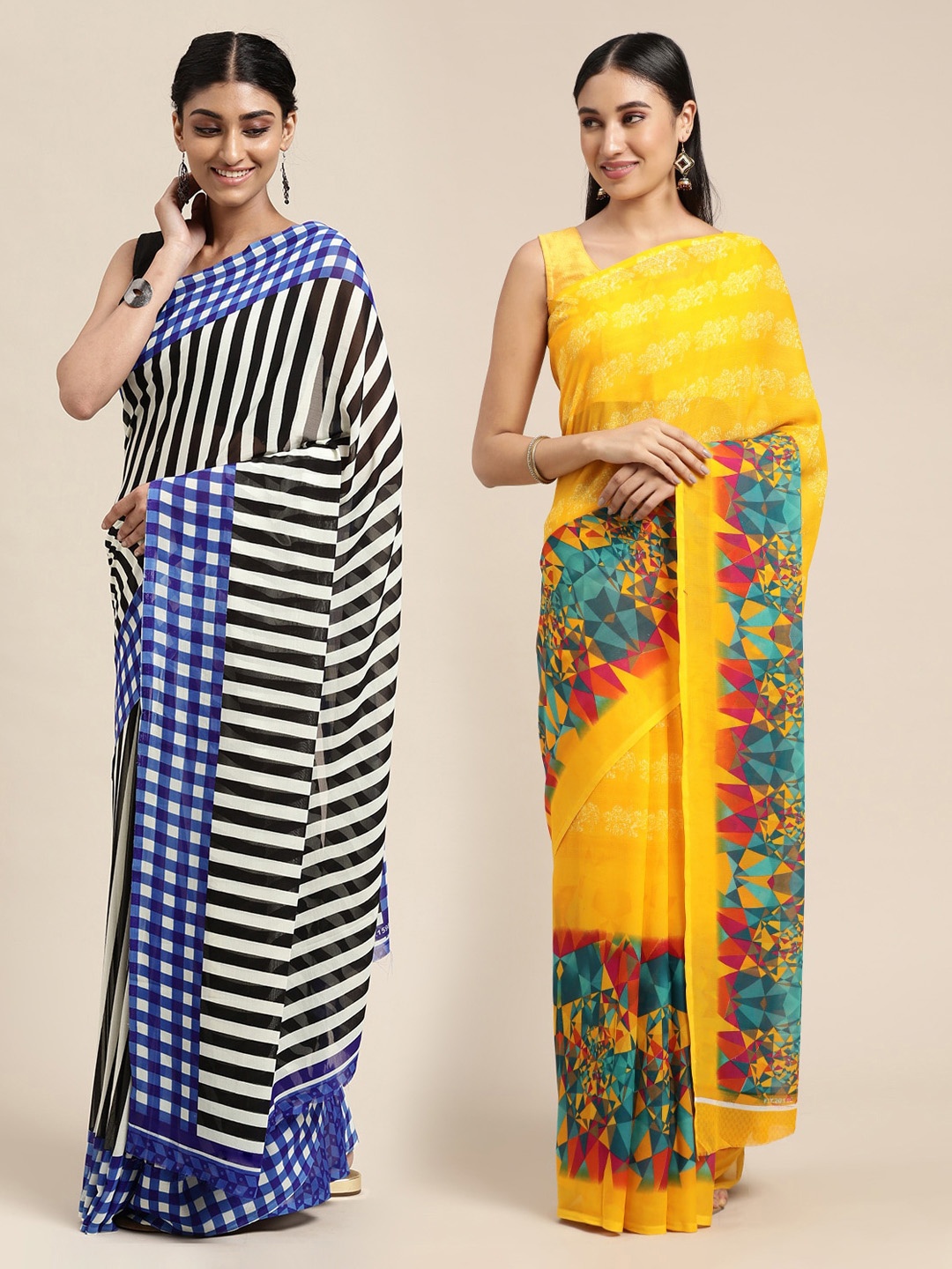 

KALINI Pack of 2 Blue & Yellow Saree
