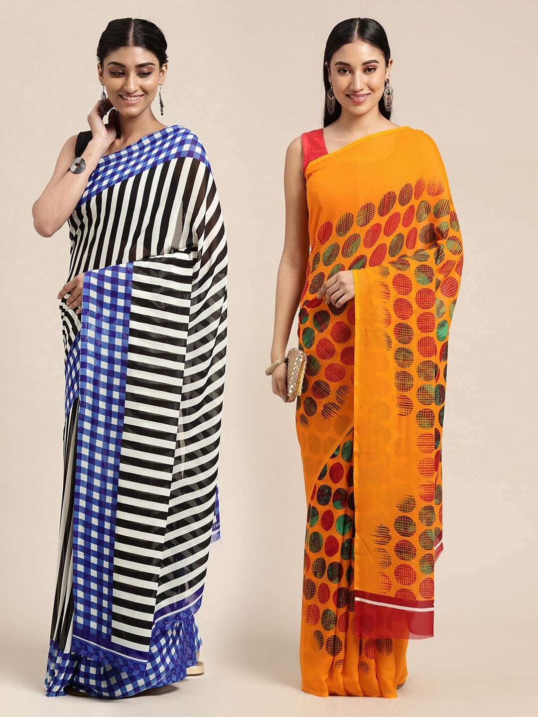 

KALINI Pack of 2 Striped Sarees, Yellow