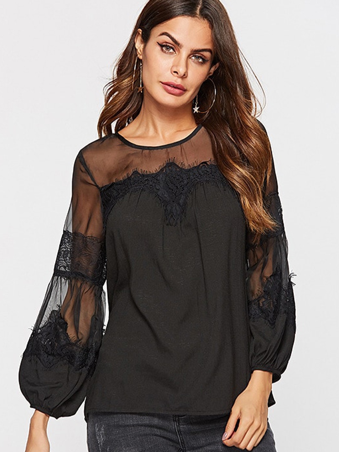 

BoStreet Women Black Embellished Embroidered Bishop Sleeves Top
