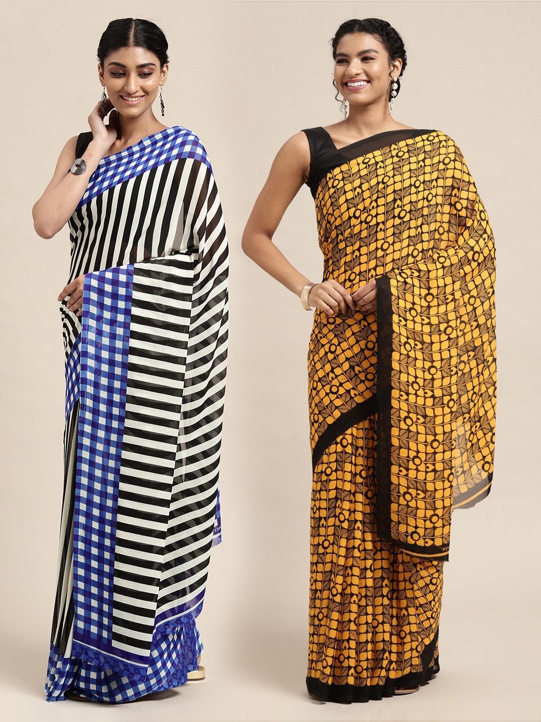 

KALINI Pack of 2 Printed Sarees, Mustard