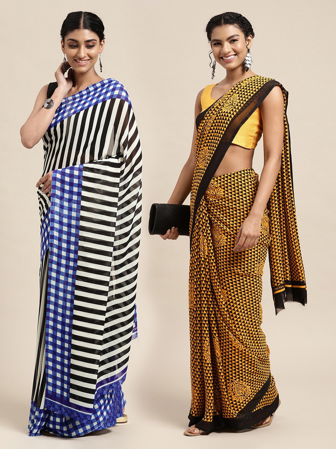 

KALINI Pack Of 2 Printed Poly Georgette Sarees, Black