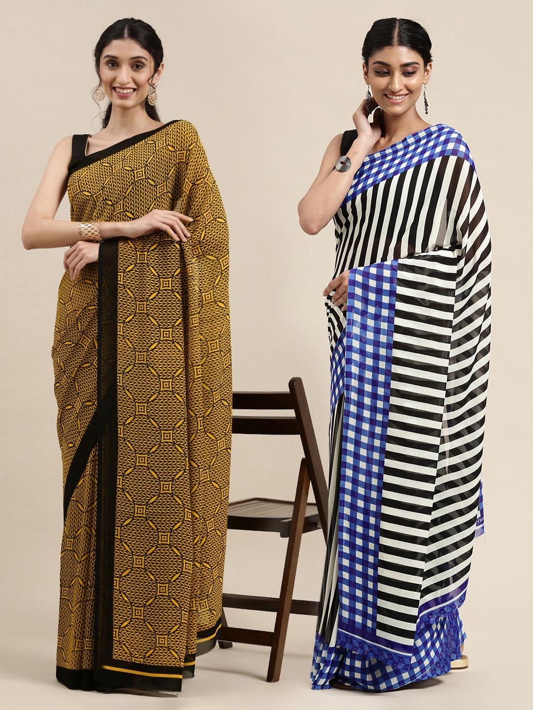 

KALINI Pack of 2 Blue & Mustard Yellow Saree