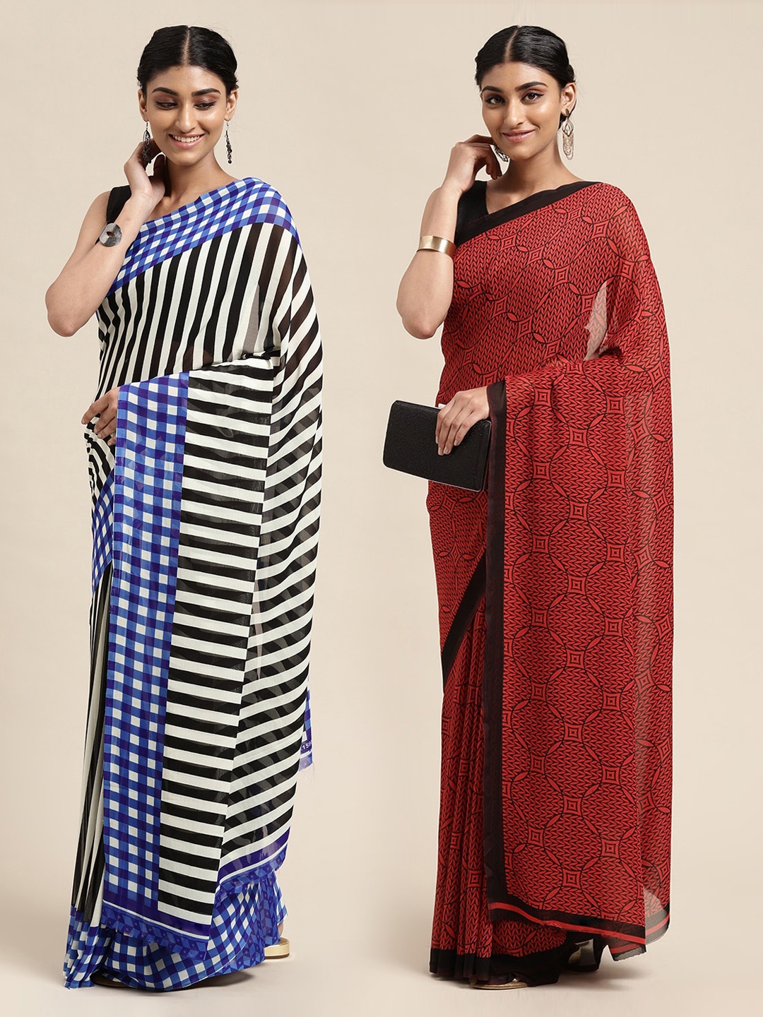 

KALINI Red & Black Set of 2 Poly Georgette Sarees