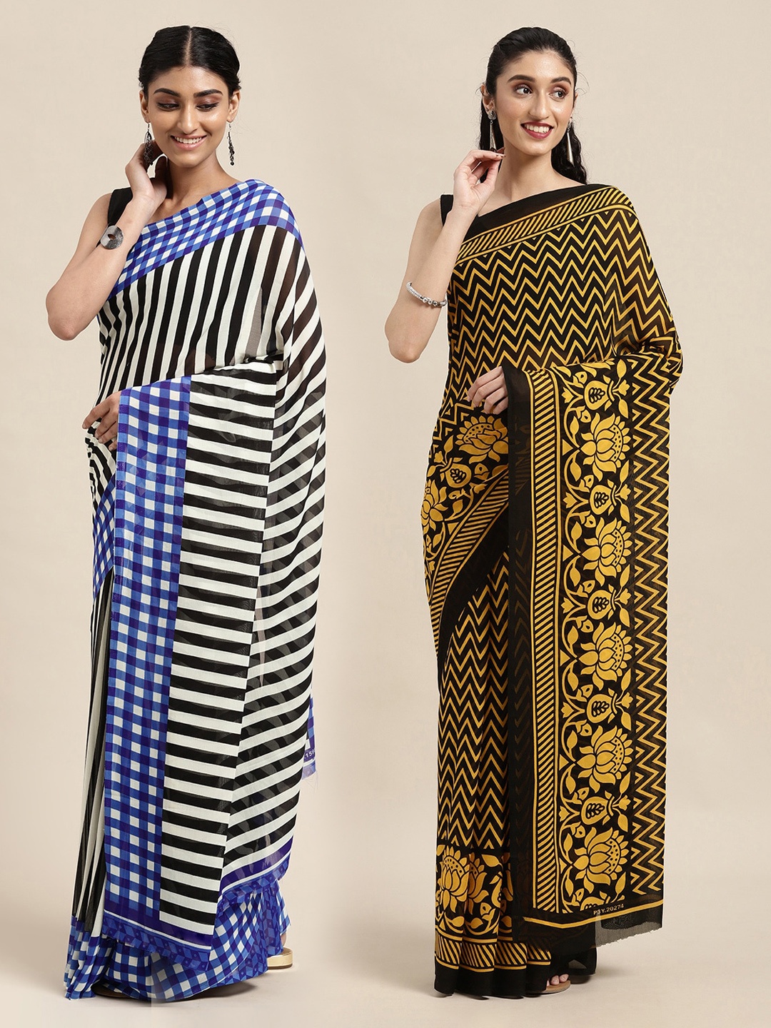 

KALINI Pack of 2 Printed Sarees, Black