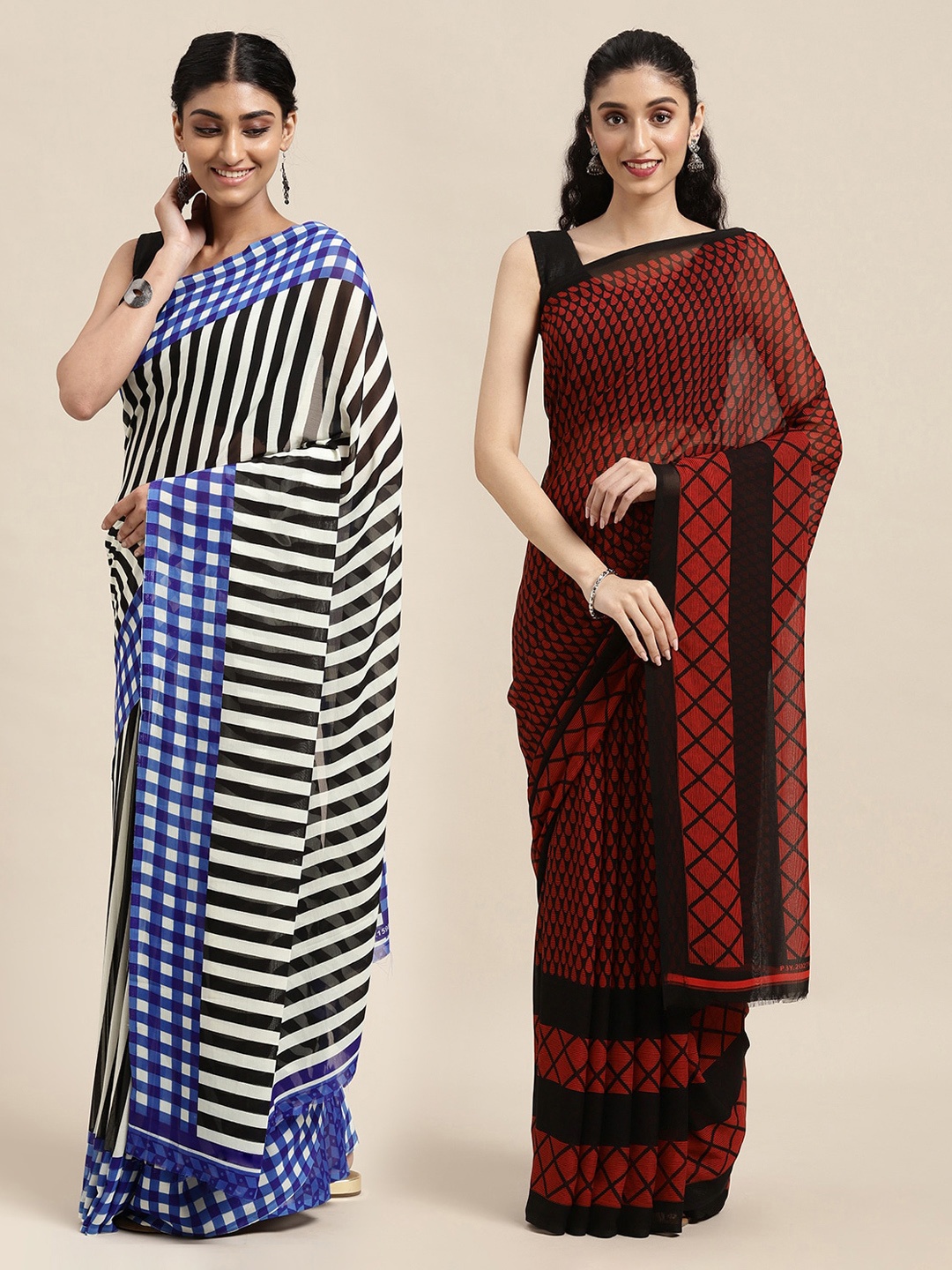 

KALINI Pack of 2 Blue & Maroon Saree