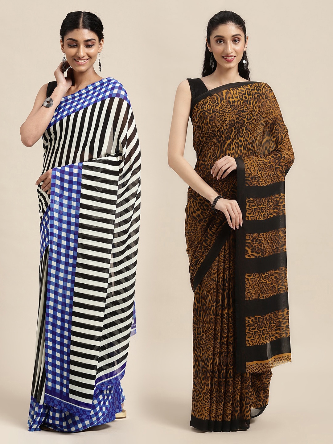 

KALINI Pack of 2 Printed Sarees, White