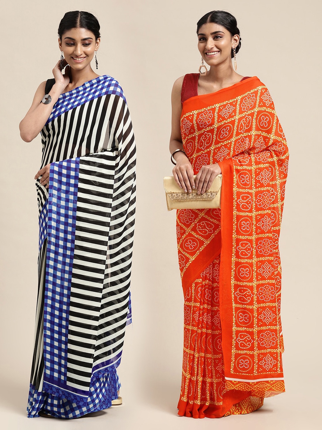 

KALINI Orange & Black Set of 2 Poly Georgette Sarees