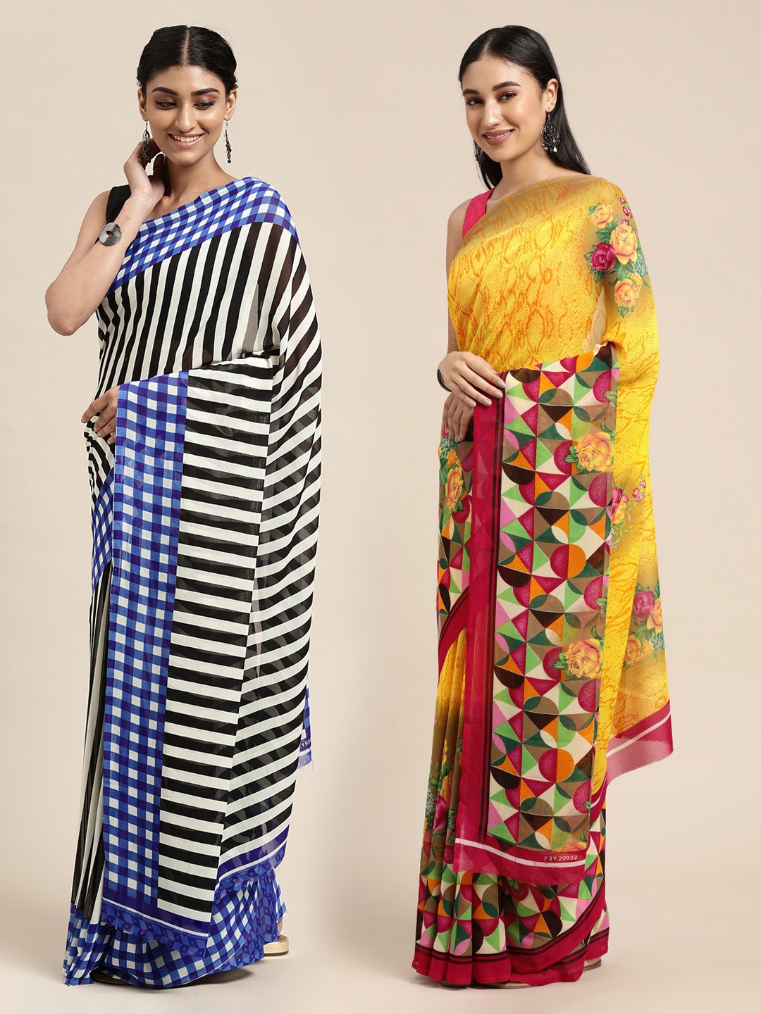 

KALINI Pack of 2 Geometric Print Saree, Yellow