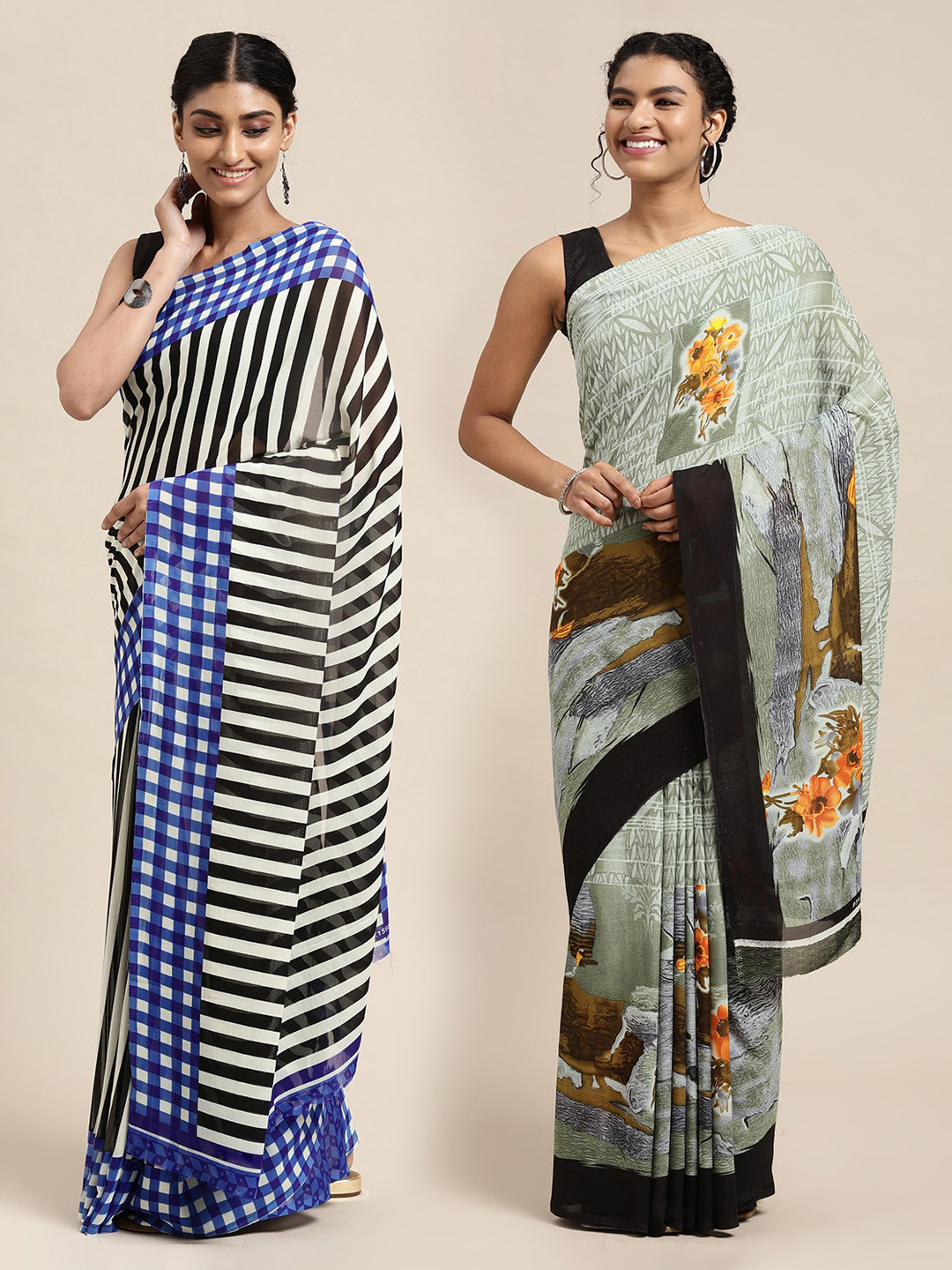 

KALINI Pack of 2 Printed Sarees, White