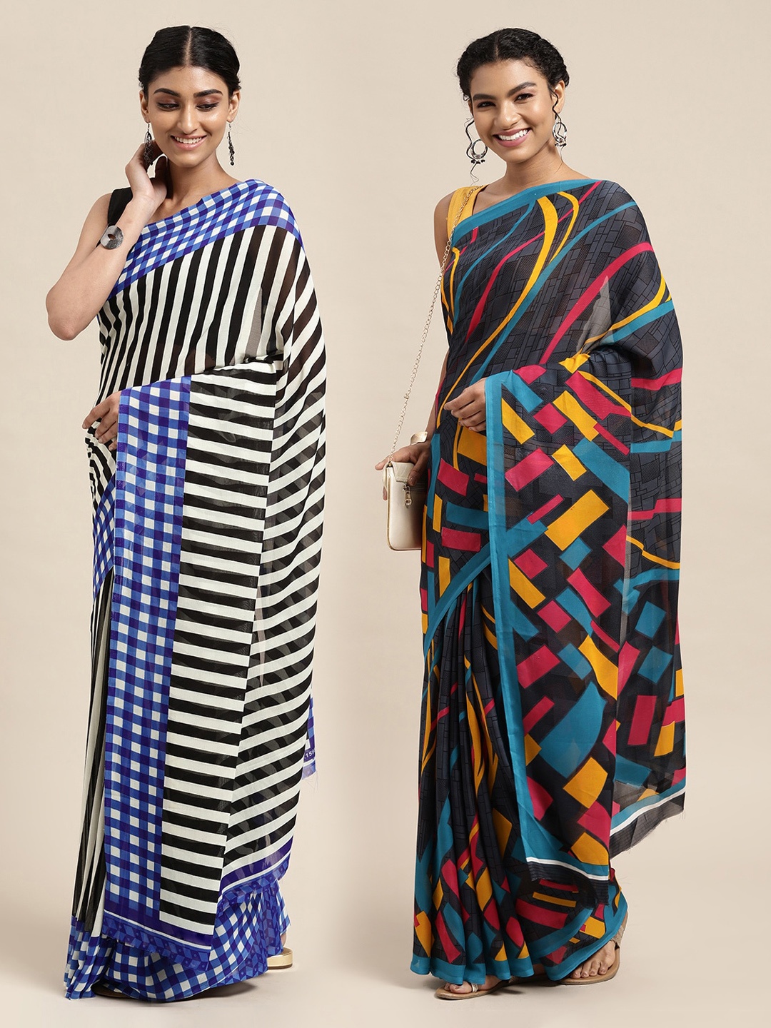 

KALINI Women Pack Of 2 Printed Sarees, Navy blue