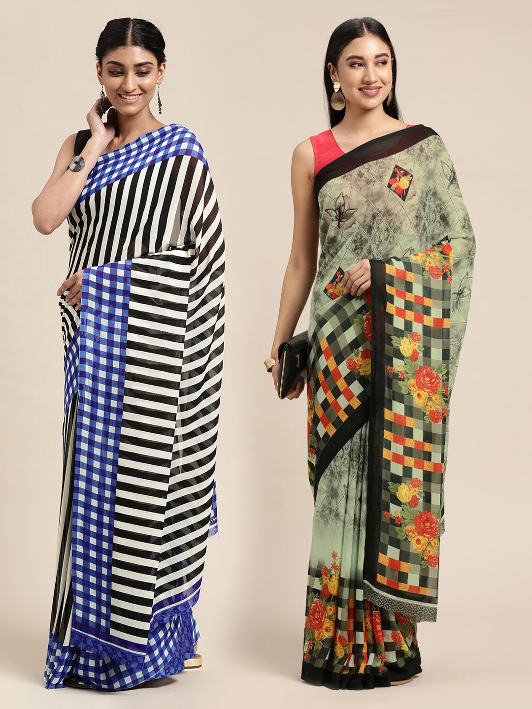 

KALINI Pack of 2 Printed Sarees, Green