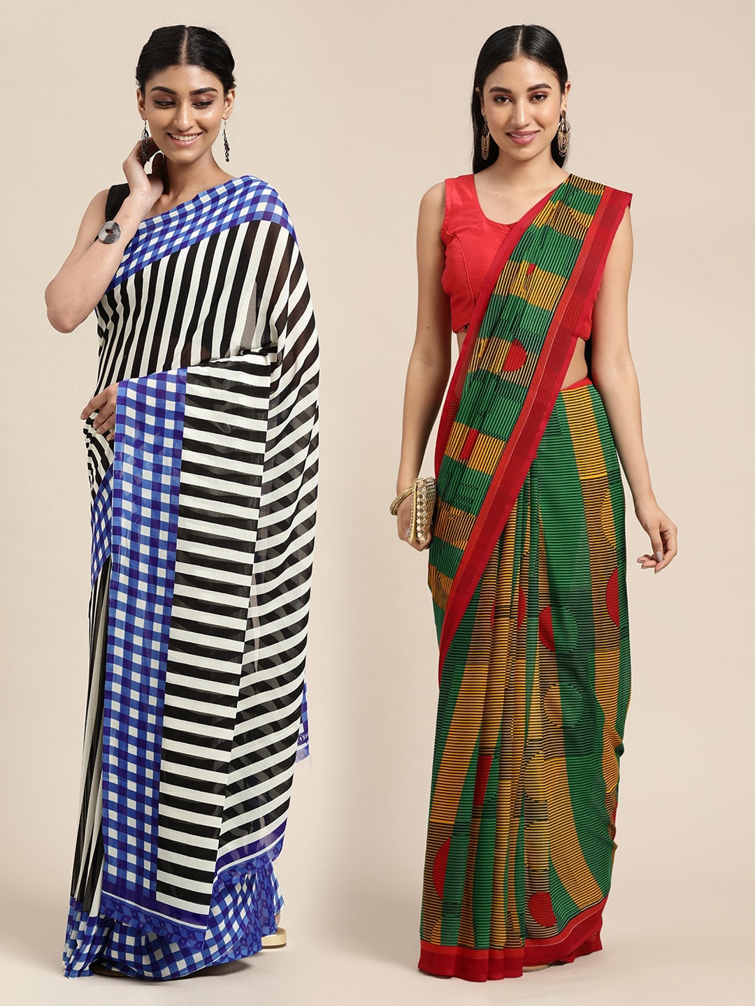 

KALINI Pack Of 2 Printed Poly Georgette Sarees, Green