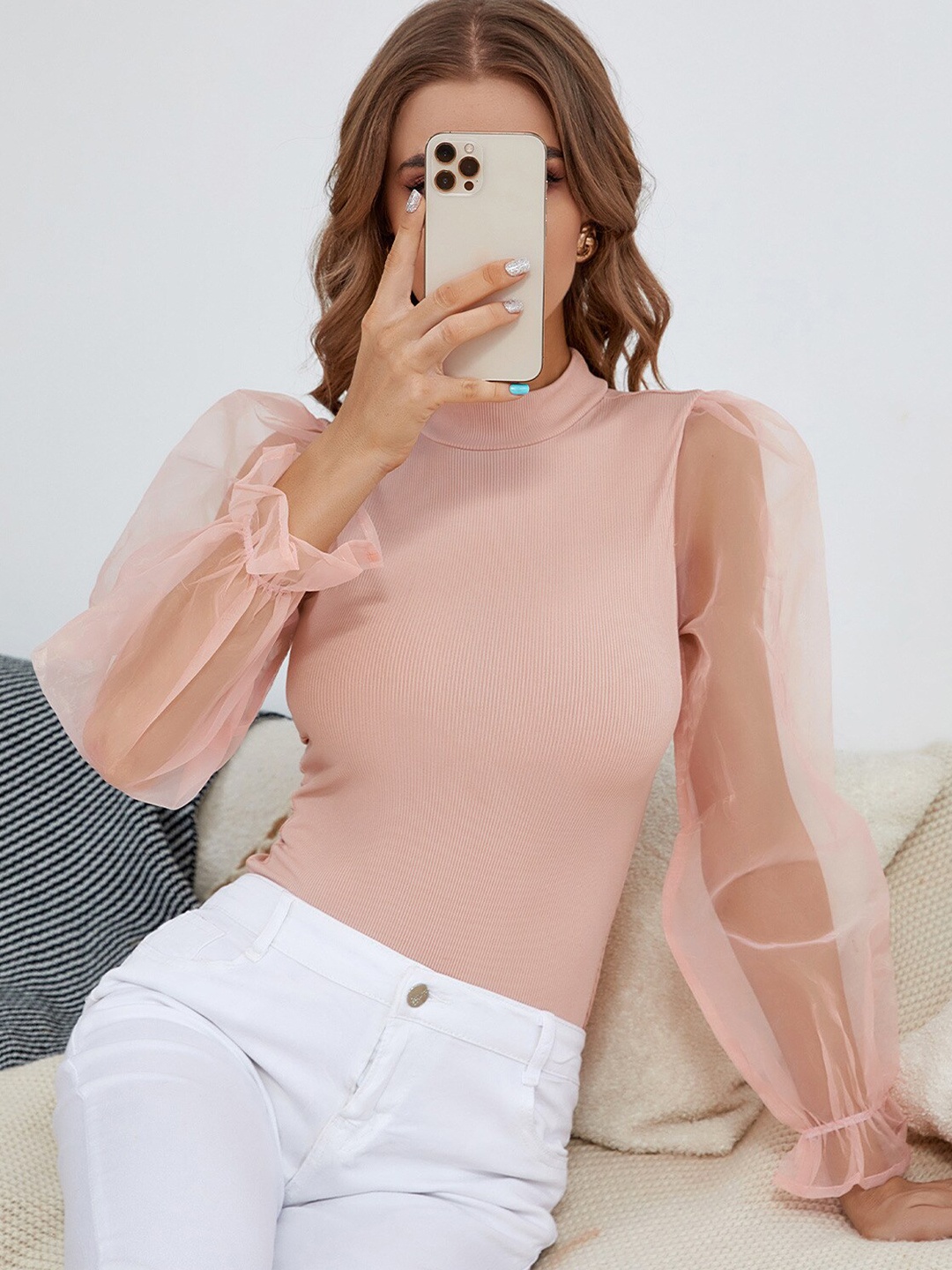 

BoStreet Peach-Coloured High Neck Fitted Top