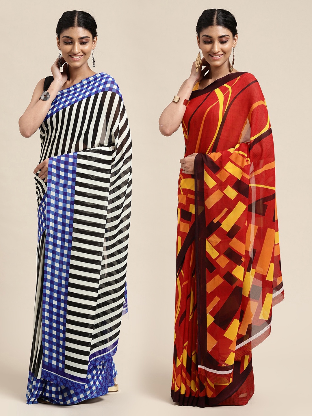 

KALINI Red & Black Set of 2 Poly Georgette Sarees