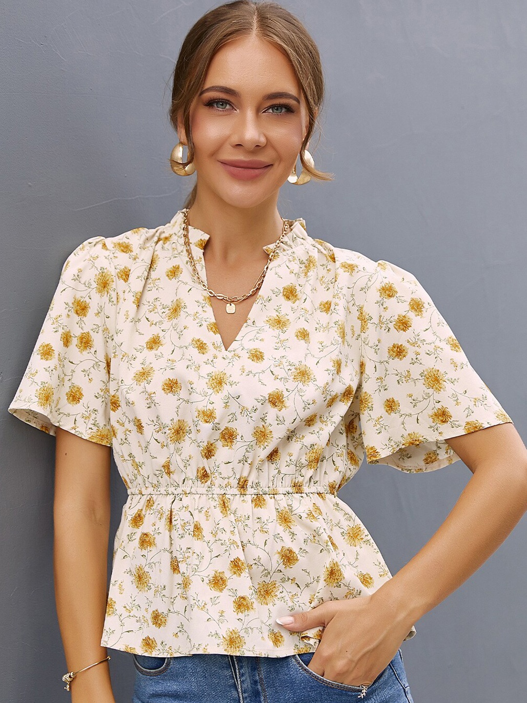 

BoStreet Women Off White Floral Print Mandarin Collar Wrap Top