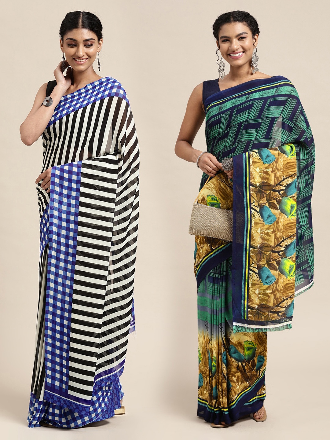 

KALINI Pack of 2 Striped Sarees, Green