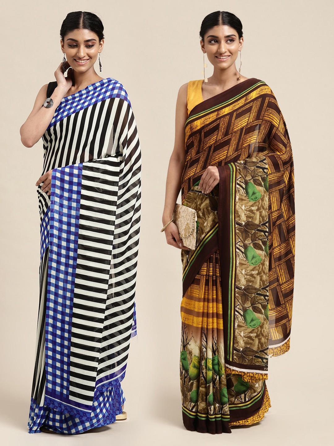 

KALINI Pack of 2 Stripes Printed Saree, Yellow