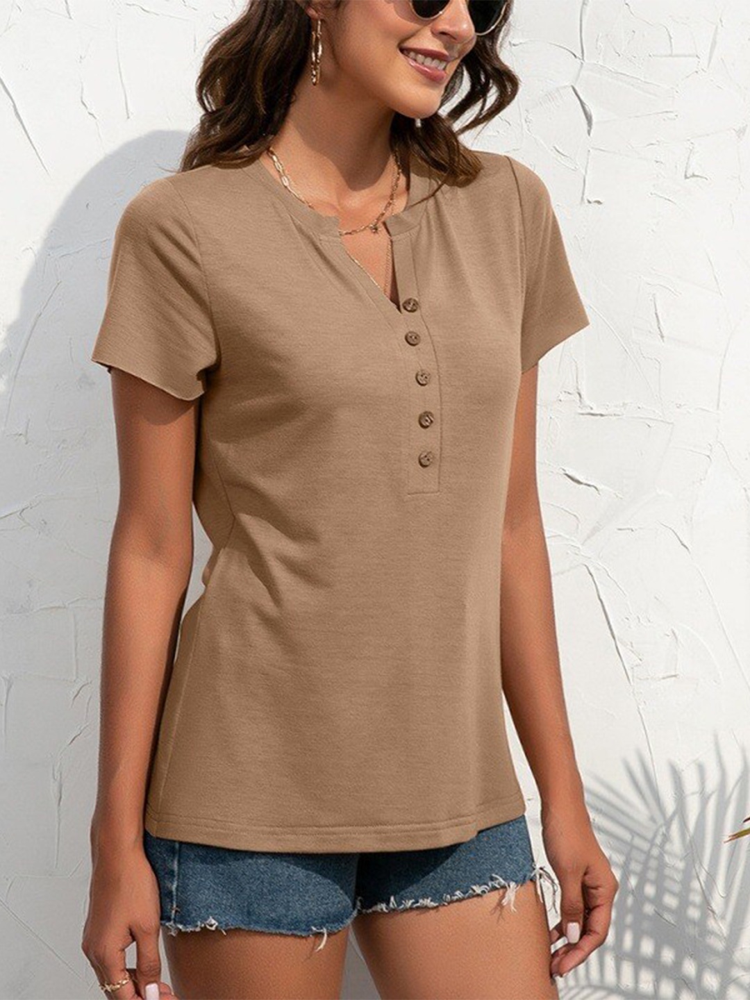 

StyleCast Women Beige Solid Poly Cotton Top