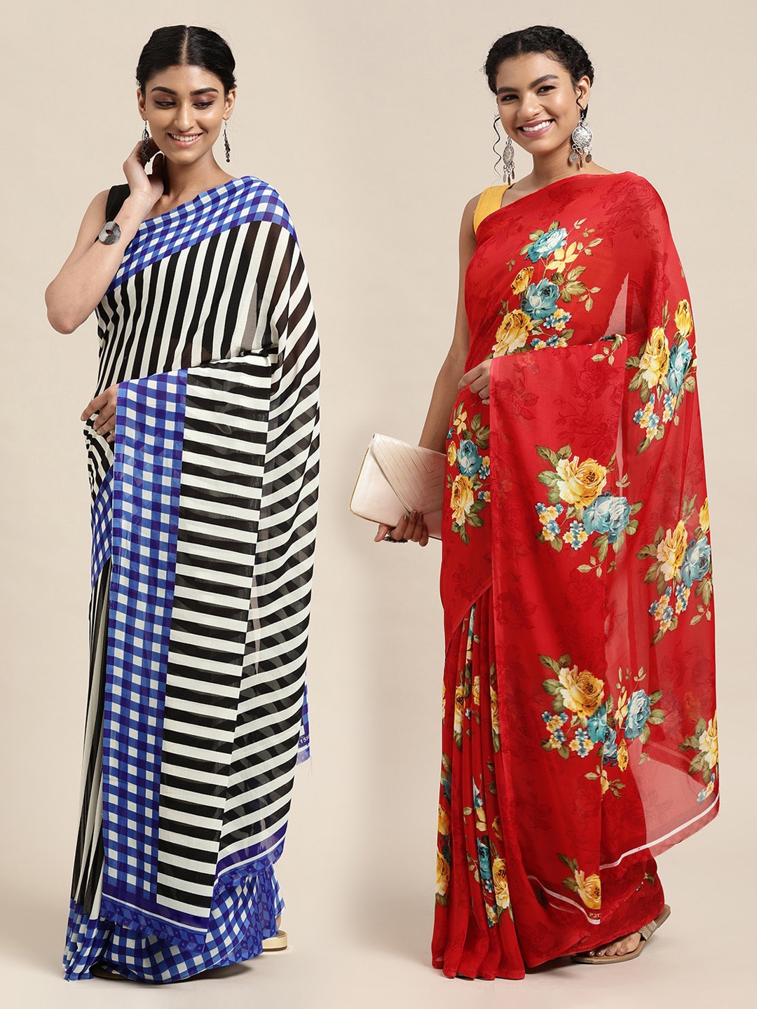 

KALINI Pack of 2 Printed Sarees, Red