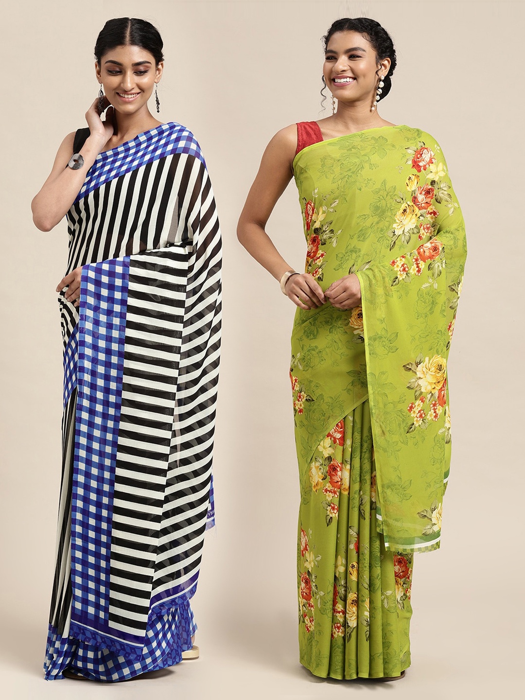 

KALINI Pack Of 2 Printed Poly Georgette Sarees, Lime green