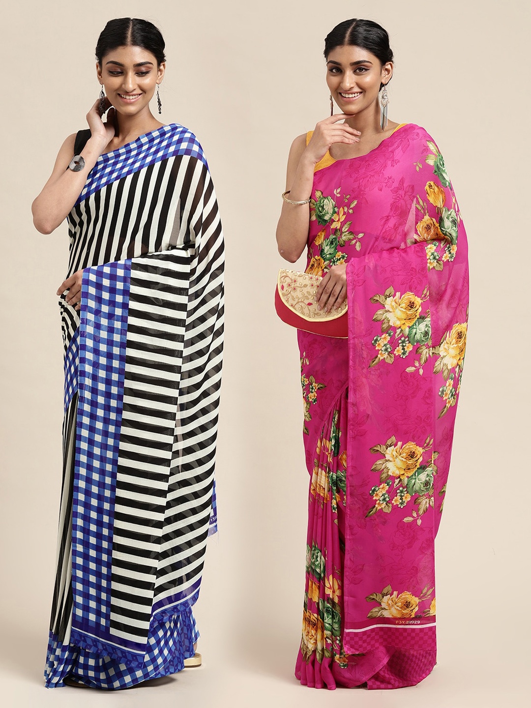 

KALINI Pack of 2 Blue & Pink Saree