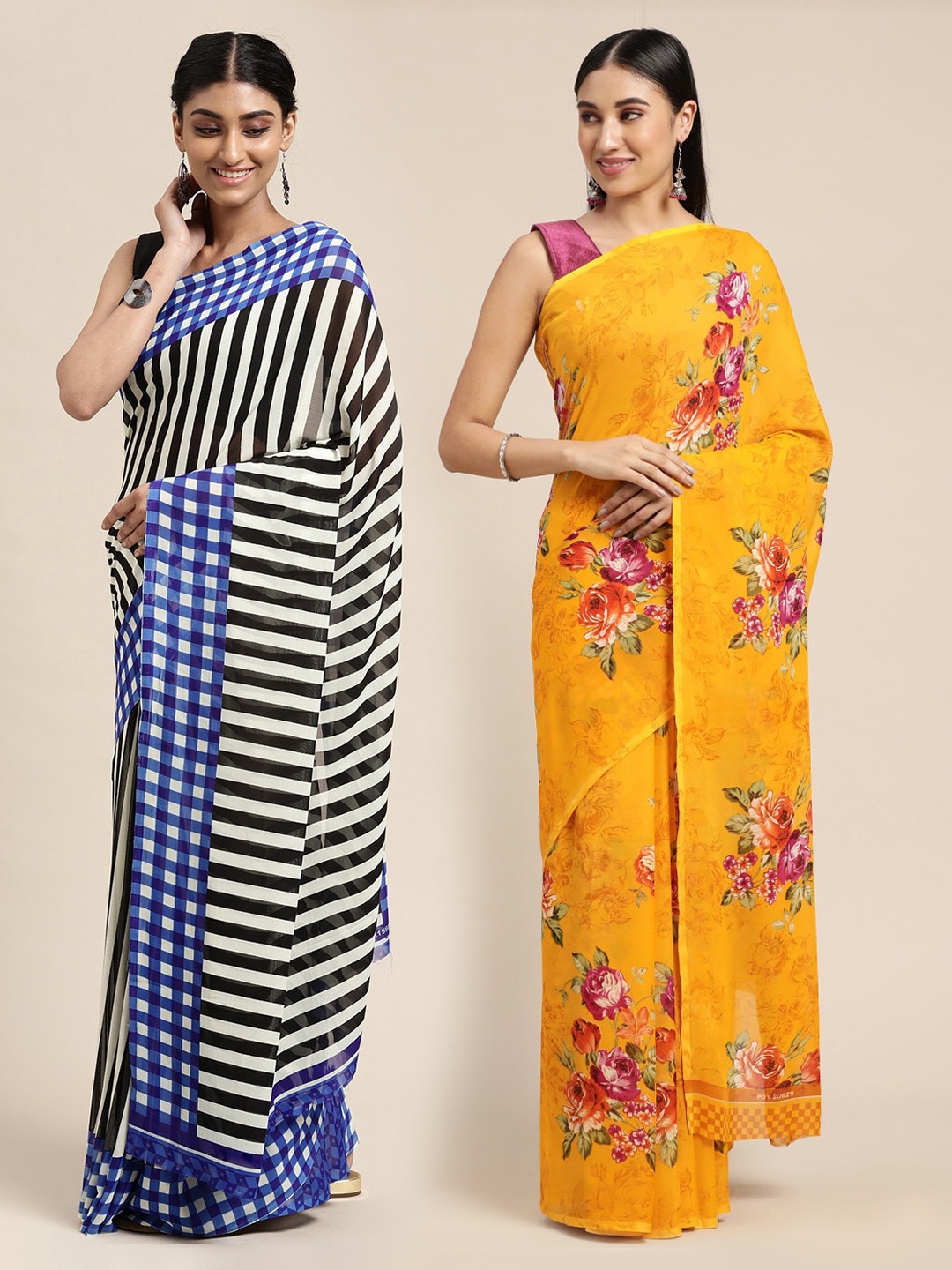 

KALINI Yellow & Black Set of 2 Poly Georgette Sarees
