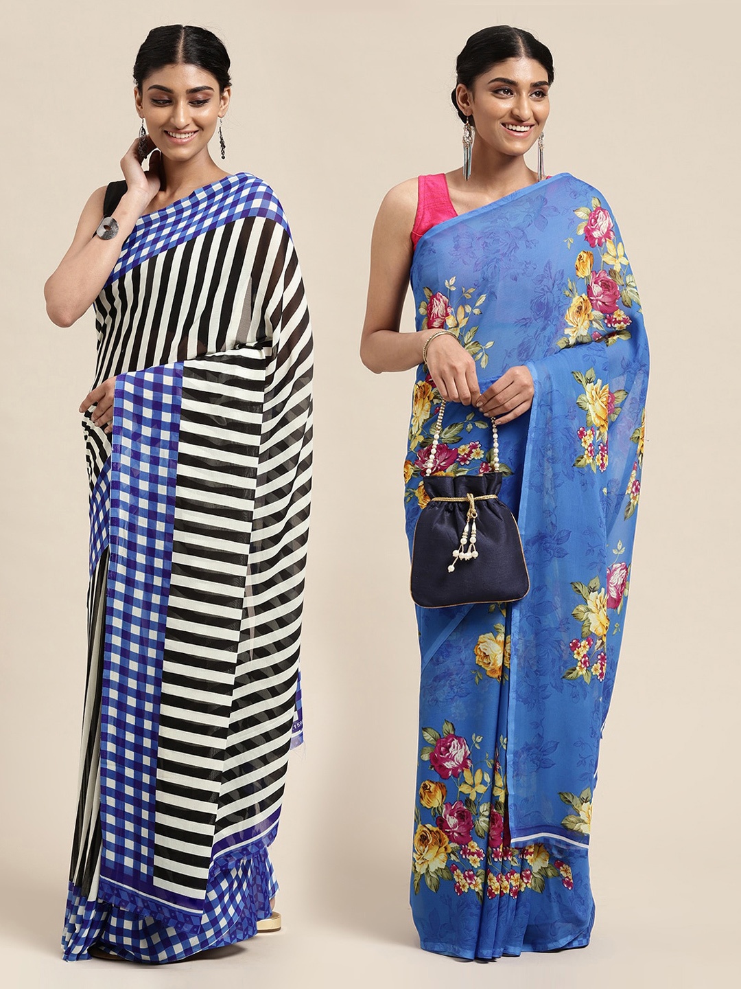 

KALINI Pack of 2 Floral Printed Sarees, Blue