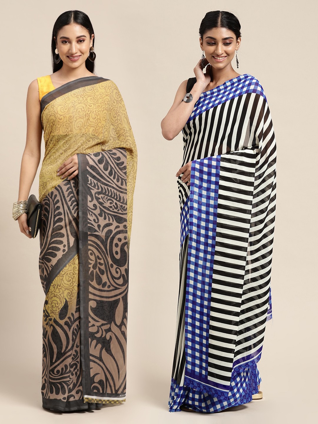 

KALINI Pack Of 2 Printed Poly Georgette Sarees, Yellow