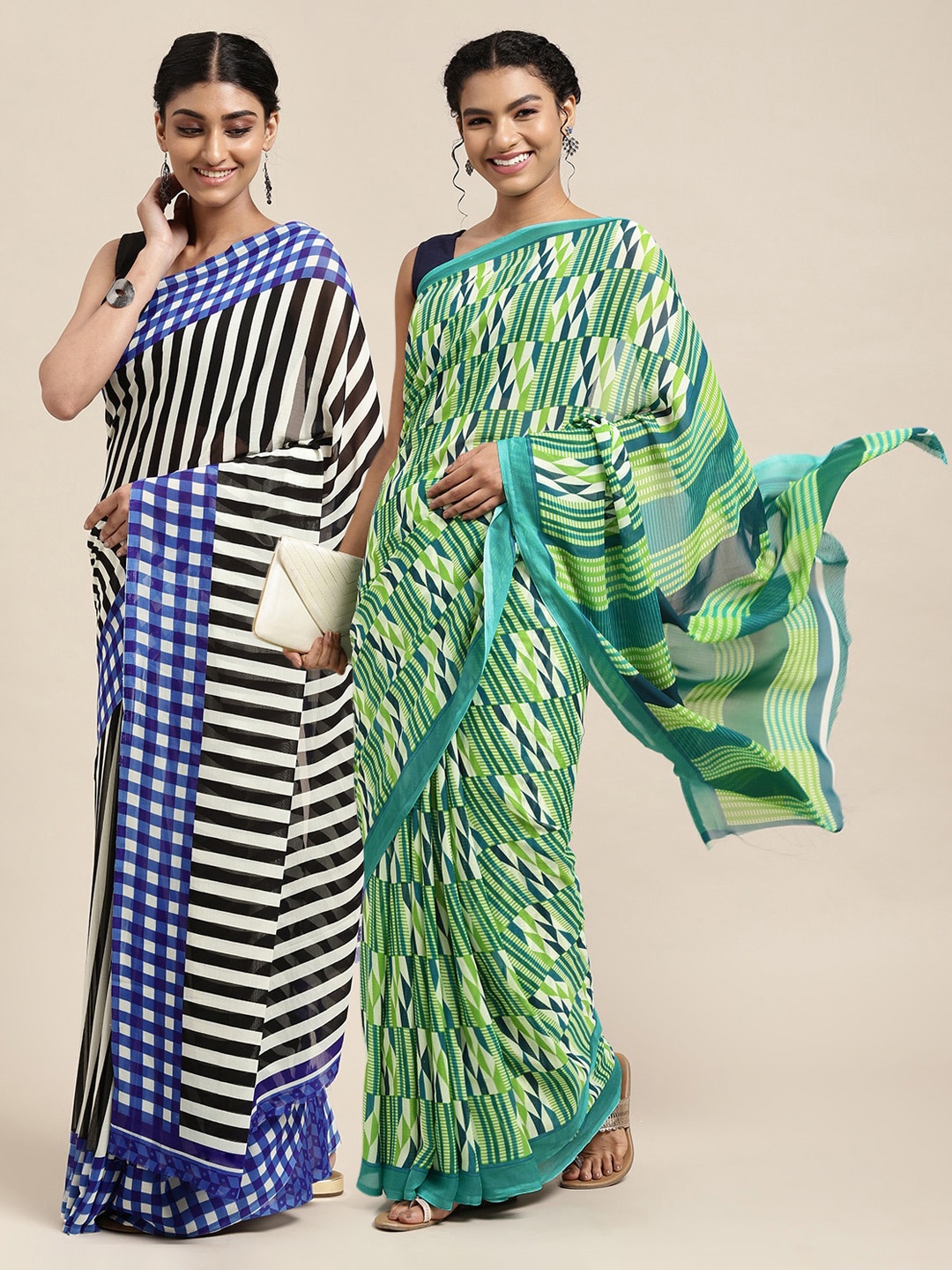 

KALINI Pack of 2 Blue & Green Saree