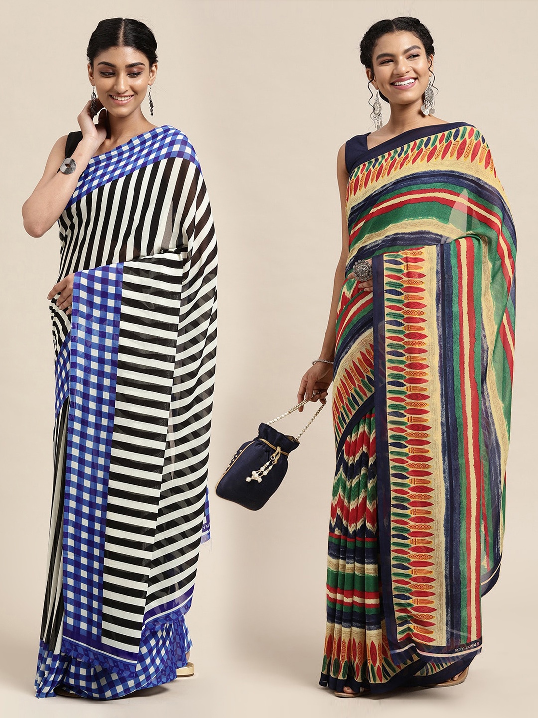 

KALINI Black & Green Set of 2 Poly Georgette Sarees