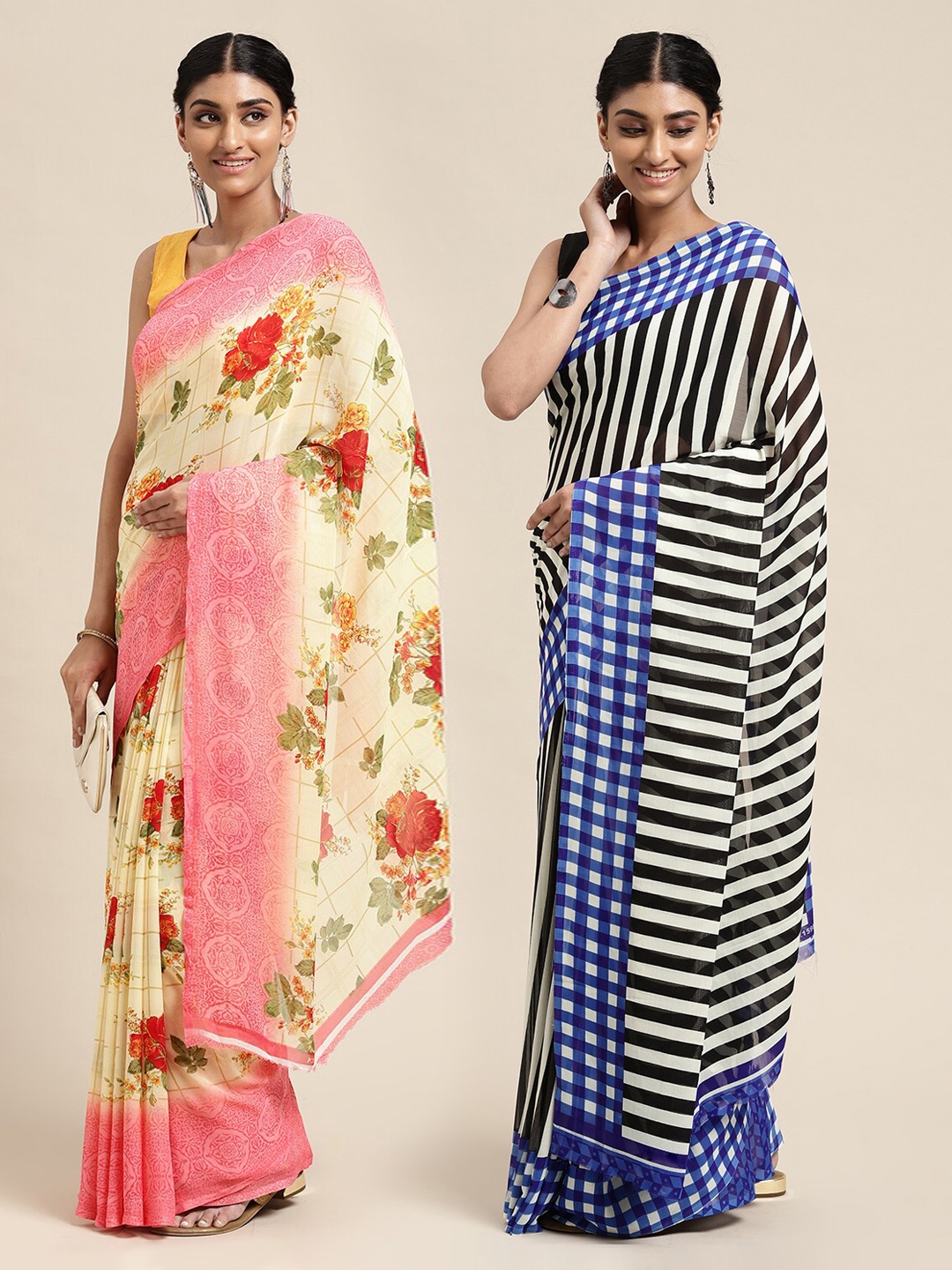 

KALINI Set of 2 Poly Georgette Saree, Beige